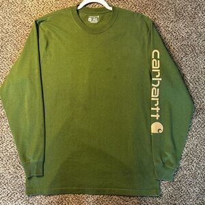Carhartt Long Sleeve Logo Tee — Olive Green with Tan Sleeve Print